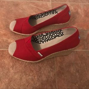 TOMS Red Espadrille Peep Toe Wedge